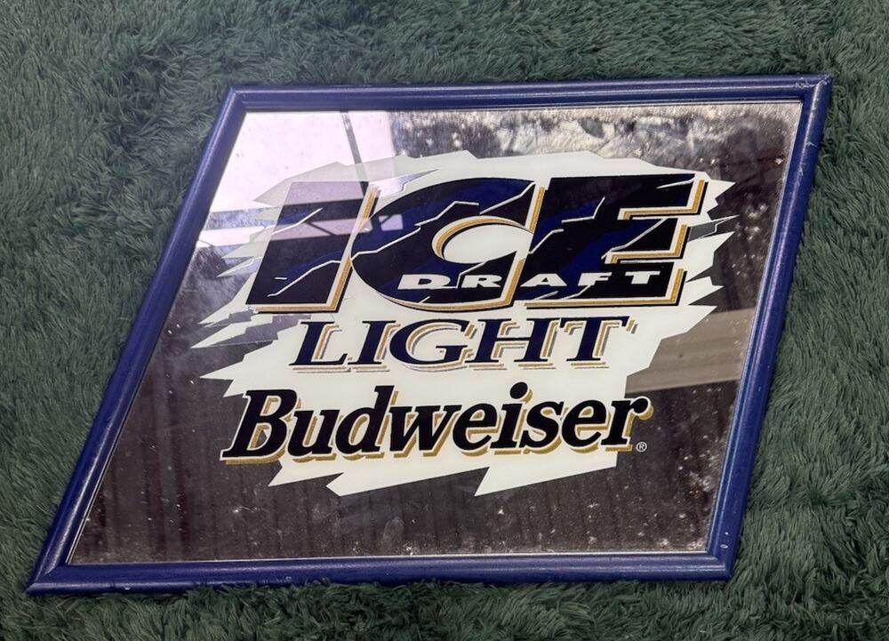 Vtg BUD ICE Draft Beer Budweiser USA Slanted Mirror Sign Anheuser Busch 22x25